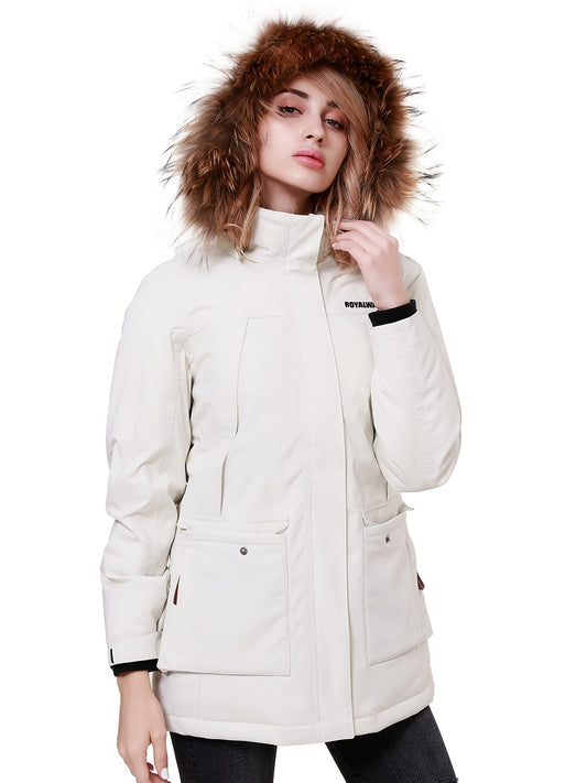 Women's Thickened Winter Thermal Puffer Jacket With Flap Pocket, Windproof Lightweight Long Sleeve Casual Parka Coat