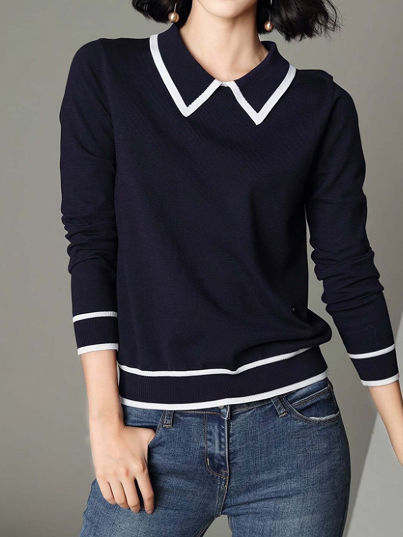 Women's Contrast Trim Casual Sweater - Light Blue & White Contrast Collar & Sleeve Trim, High Elasticity Sleeve Pullover,