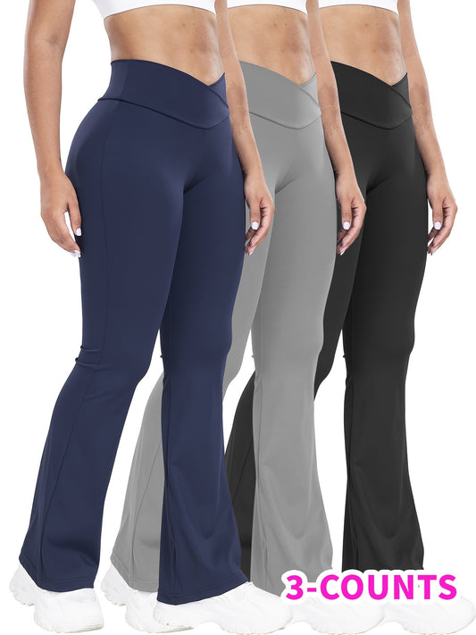 Stretchy 3-Pack High-Waisted Yoga Pants - Cross Waistband Flare Leg Sports Tights with Tummy Control and Butt Lifting