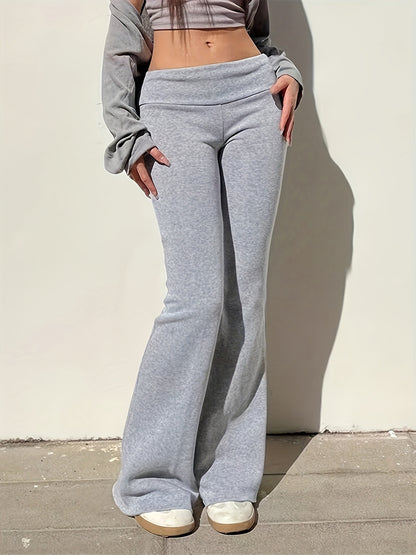 Low Waist Flare Leg Pants, Casual Solid Color Skinny Pants For Spring & Fall, Women's Clothing