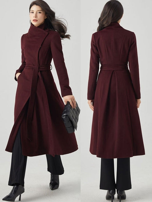 Women'S Elegant Mid-Length Tweed Coat with Belt - Burgundy Solid Color, Long Sleeves, Regular Fit for Fall\u002FWinter, Versatile for Casual or Formal Outfits, Winter Coat | Belted Coat | Structured Design
