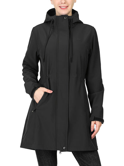 Women'S 33,000ft Windproof Softshell Long Jacket with Hood - Fleece Lined, Zippered Front,