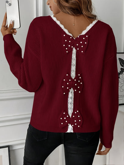 Elegant V-Neck Acrylic Pullover Sweater for Women, Long Sleeve Solid Color Knit Fabric Top with Back Bow Detail, All-Season Lace Bow Accent Sweater