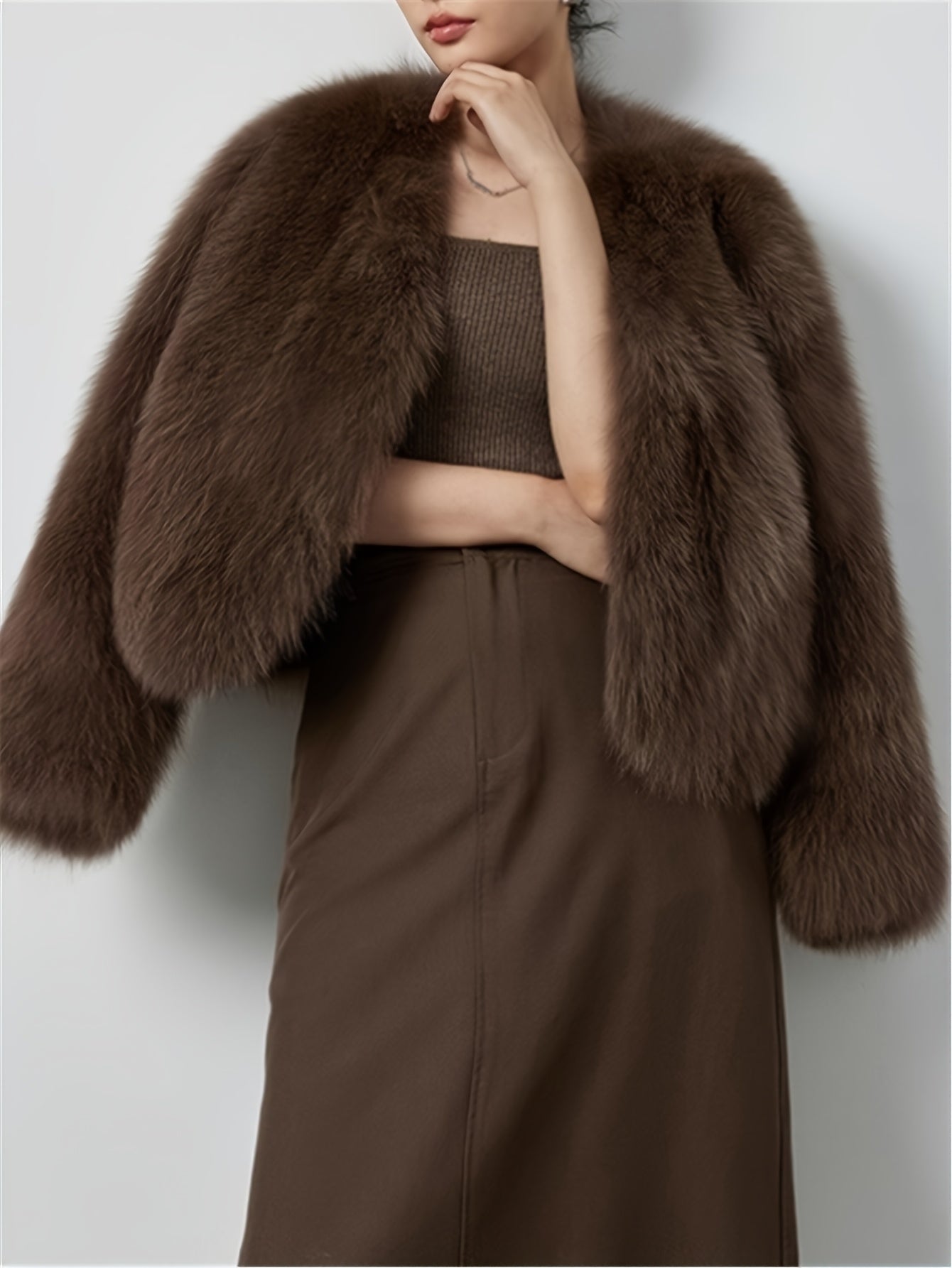 Elegant Long Sleeve Faux Fur Coat for Women - Solid Color, Fluffy Long Cardigan with Button Details, Perfect for Fall\u002FWinter, Stylish Brown Outerwear, Stylish Long Cardigan | Chic Outerwear | Plush Texture