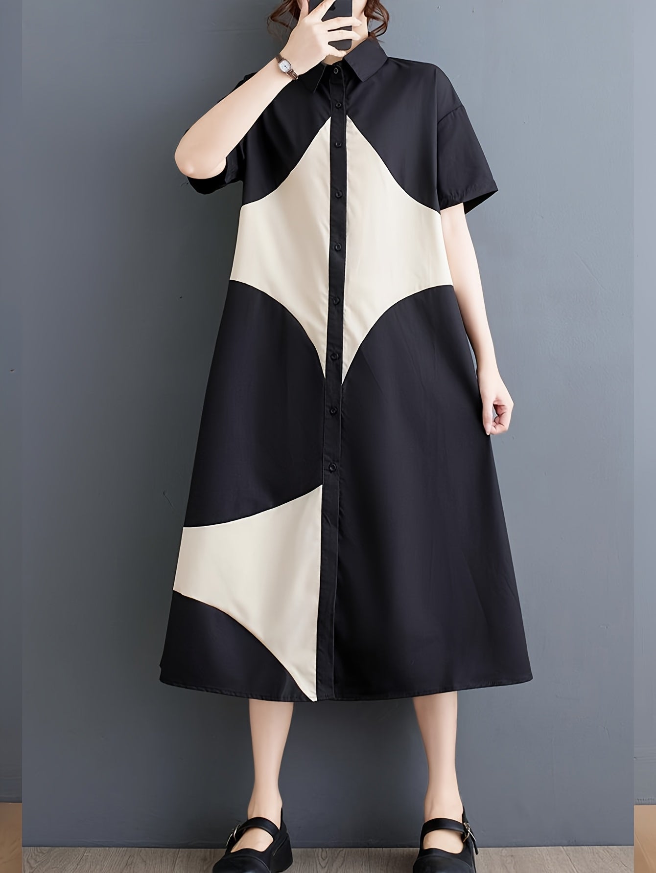 Japanese-Inspired Casual Chic Geometric Print A-Line Dress - Black & White Contrast, Relaxed Fit Long Sleeve, Button Detail,