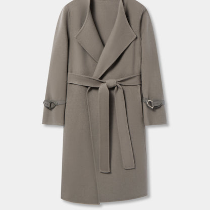 Wrap Belted Lapel Coat, Elegant Solid Long Sleeve Longline Coat For Fall & Winter, Women's Clothing