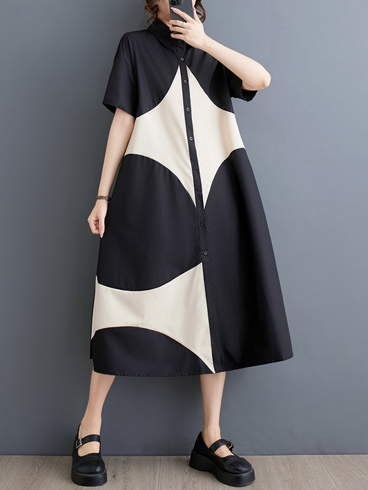 Japanese-Inspired Casual Chic Geometric Print A-Line Dress - Black & White Contrast, Relaxed Fit Long Sleeve, Button Detail,