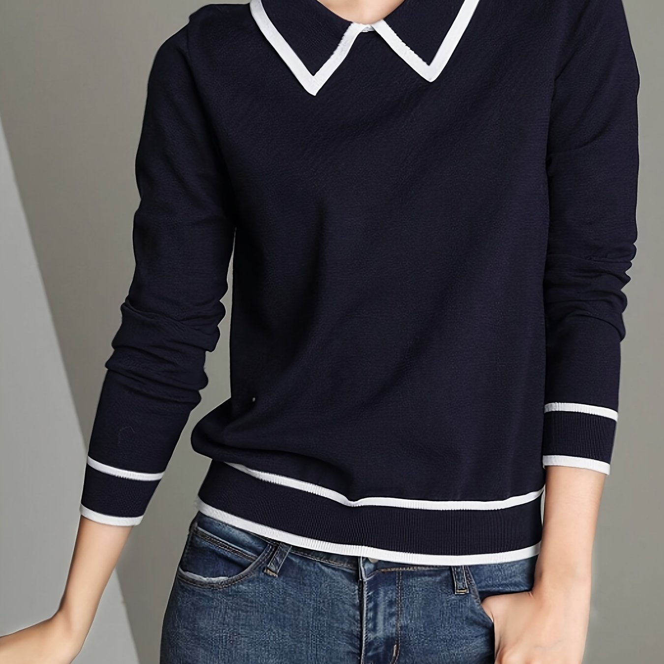 Women's Contrast Trim Casual Sweater - Light Blue & White Contrast Collar & Sleeve Trim, High Elasticity Sleeve Pullover,