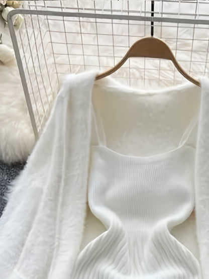 Autumn And Winter Soft Lazy Style All-Match Loose Mid-Length Sweater Jacket Two-Piece Set V-Neck Vest Hip Dress Two-Piece Set