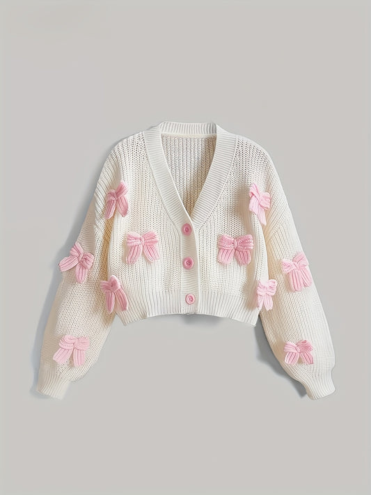 Women'S Casual V-Neck Cardigan with Pink Bow Accents - Soft Open Front Sweater for Spring & Fall, All-Season Versatile Layering Piece,