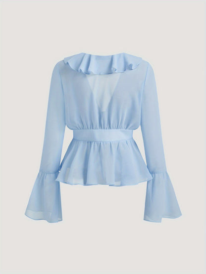 Women's Light Blue Blouse - Non-Stretchy Elegant office & party Tops, Floral event Dresses, Spring\u002FFall Chic Outfits