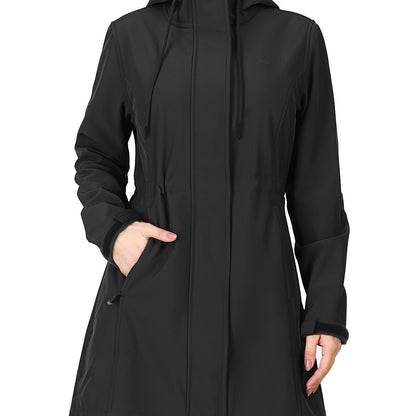 Women'S 33,000ft Windproof Softshell Long Jacket with Hood - Fleece Lined, Zippered Front,