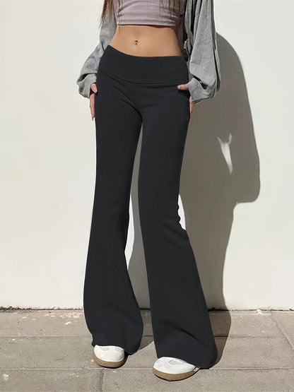 Low Waist Flare Leg Pants, Casual Solid Color Skinny Pants For Spring & Fall, Women's Clothing