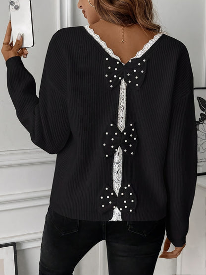 Elegant V-Neck Acrylic Pullover Sweater for Women, Long Sleeve Solid Color Knit Fabric Top with Back Bow Detail, All-Season Lace Bow Accent Sweater