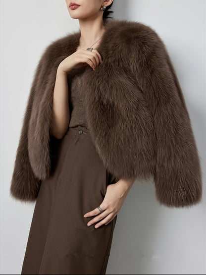 Elegant Long Sleeve Faux Fur Coat for Women - Solid Color, Fluffy Long Cardigan with Button Details, Perfect for Fall\u002FWinter, Stylish Brown Outerwear, Stylish Long Cardigan | Chic Outerwear | Plush Texture