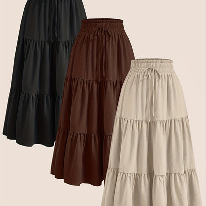 2025 3pcs Women'S Plus Size Pleated Skirts - Comfortable Loose Fit, Solid Color, Mid-Length with Ruffle Detail, Perfect for Spring\u002FSummer,