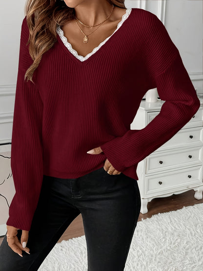 Elegant V-Neck Acrylic Pullover Sweater for Women, Long Sleeve Solid Color Knit Fabric Top with Back Bow Detail, All-Season Lace Bow Accent Sweater