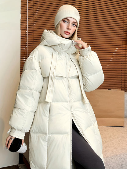 Women'S Winter Thickened Padded Coat - Long Over-the-Knee Length, Loose Fit Mid-Length Jacket with Pockets, Warm Casual Outerwear for Cold Weather, Beige Solid Color, Cozy Warmth & Easy Care (No Belt Required)
