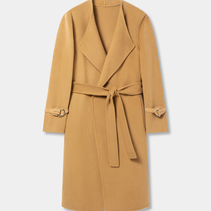 Wrap Belted Lapel Coat, Elegant Solid Long Sleeve Longline Coat For Fall & Winter, Women's Clothing