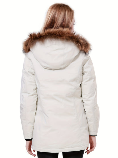 Women's Thickened Winter Thermal Puffer Jacket With Flap Pocket, Windproof Lightweight Long Sleeve Casual Parka Coat