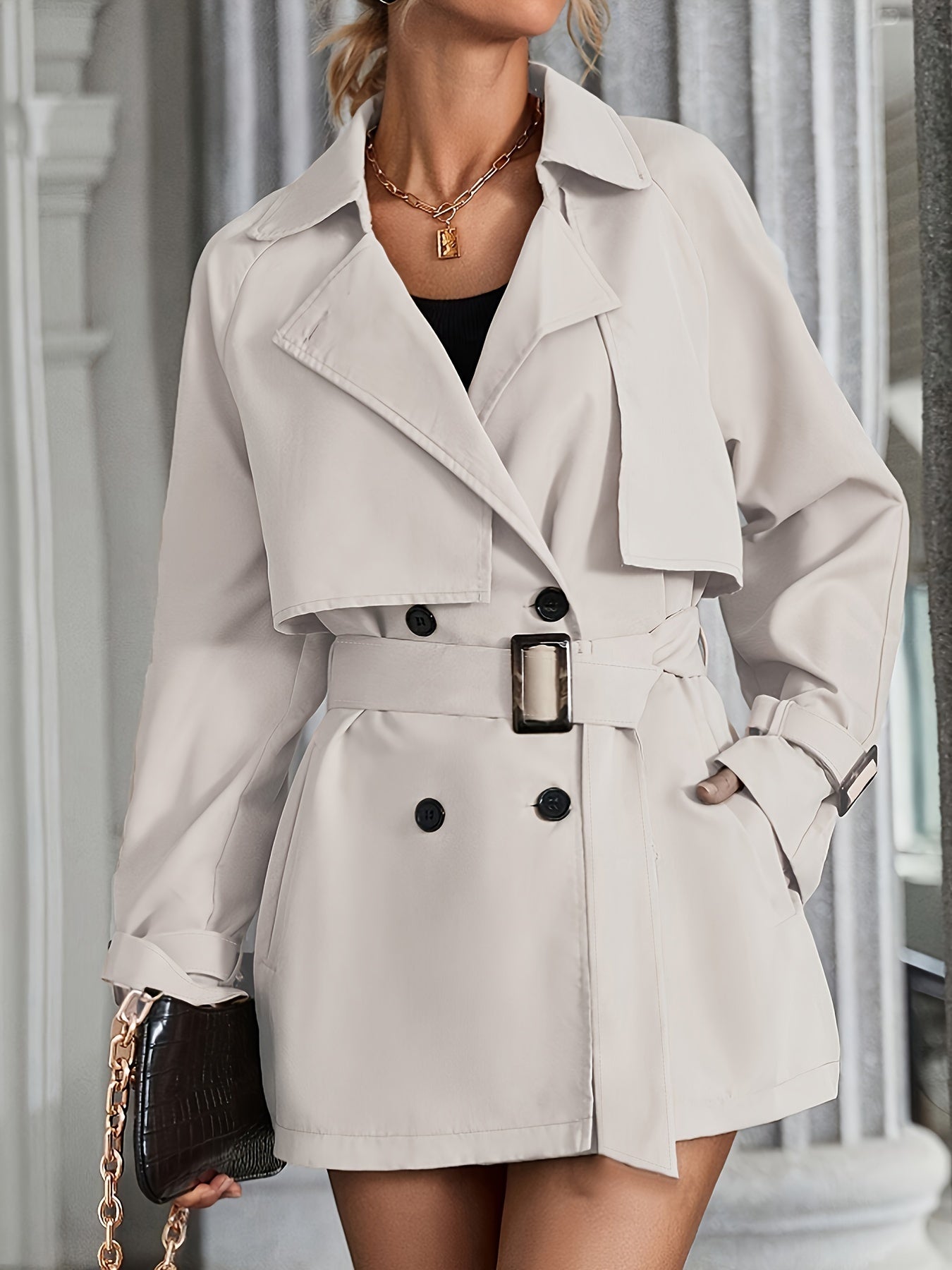 Women's Elegant Double-Breasted Trench Coat with Raglan Sleeves & Belted Waist - Premium Machine-Washable Fabric, Multiple Pockets,