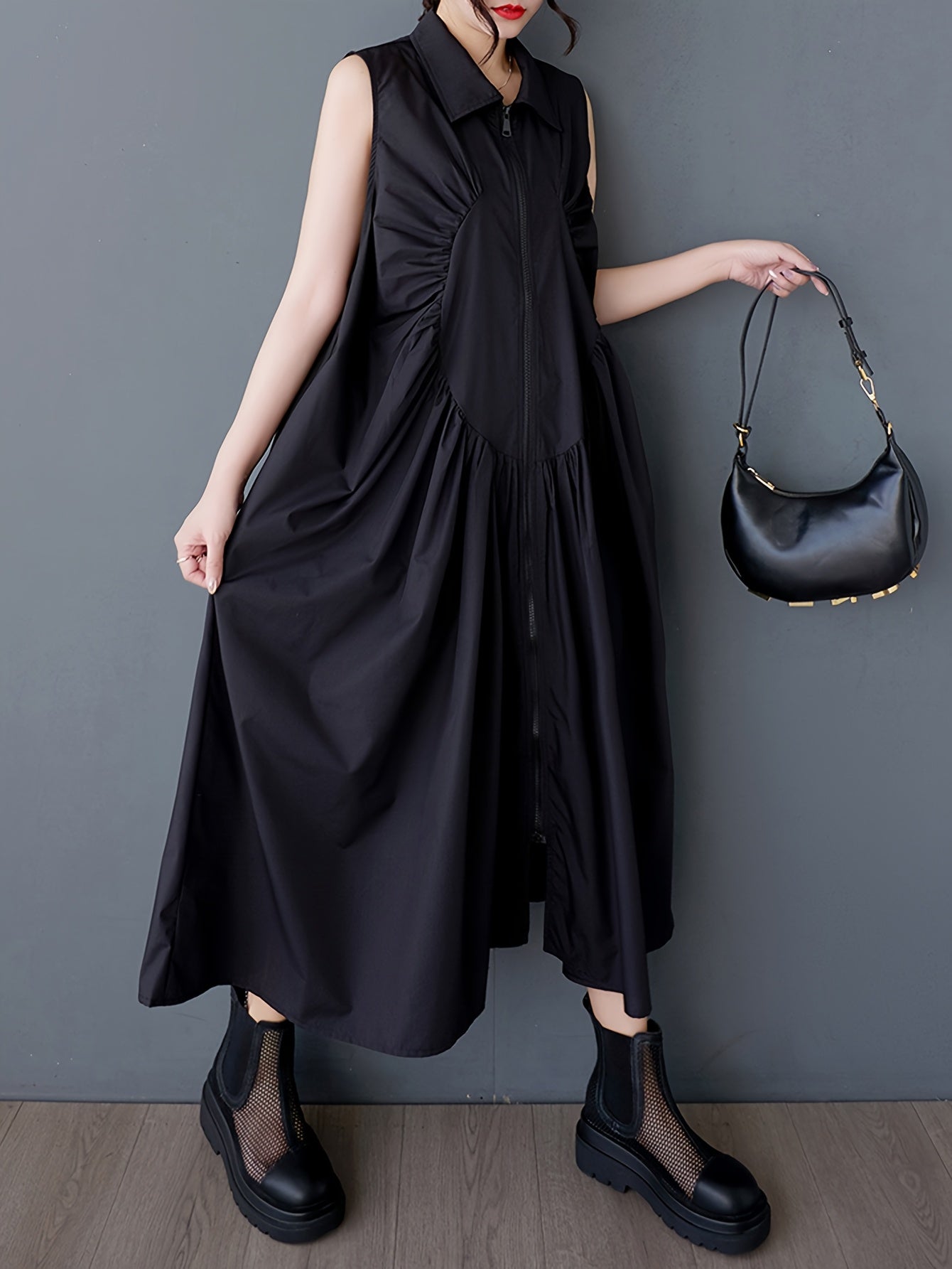 Bright Pink Sleeveless Collared Maxi Dress with Pleated Chest & Zipper Detail - Casual Loose Fit for Women, Machine Washable, Versatile Fashion | Sleeveless Maxi | Nonelastic Fabric