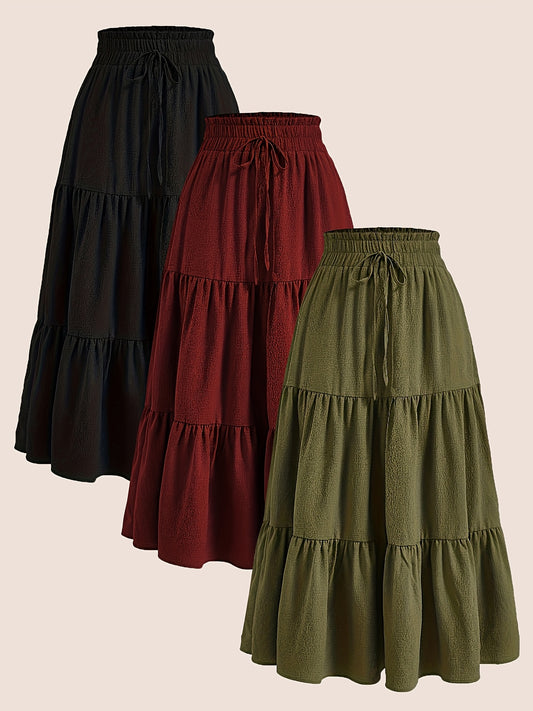 2025 3pcs Women'S Plus Size Pleated Skirts - Comfortable Loose Fit, Solid Color, Mid-Length with Ruffle Detail, Perfect for Spring\u002FSummer,