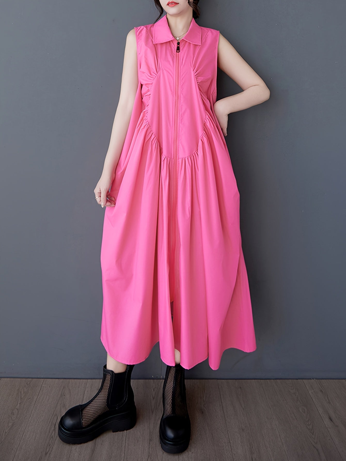 Bright Pink Sleeveless Collared Maxi Dress with Pleated Chest & Zipper Detail - Casual Loose Fit for Women, Machine Washable, Versatile Fashion | Sleeveless Maxi | Nonelastic Fabric