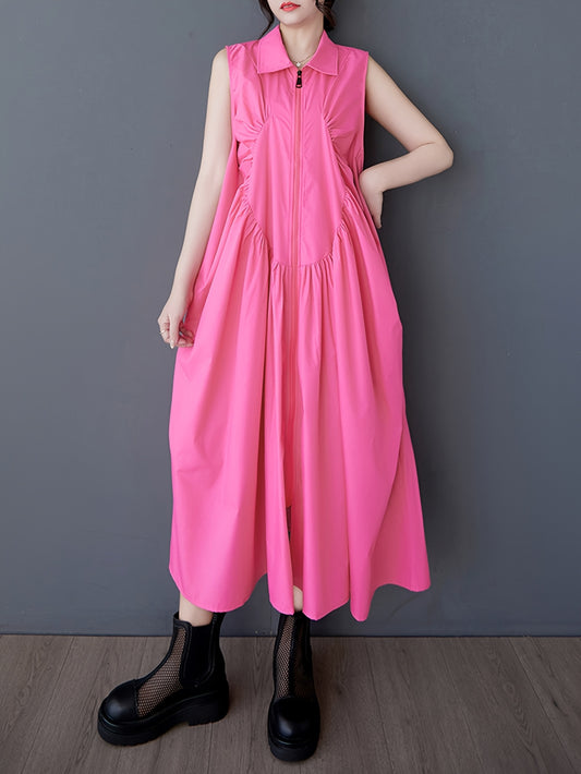 Bright Pink Sleeveless Collared Maxi Dress with Pleated Chest & Zipper Detail - Casual Loose Fit for Women, Machine Washable, Versatile Fashion | Sleeveless Maxi | Nonelastic Fabric