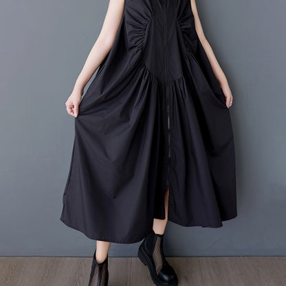 Bright Pink Sleeveless Collared Maxi Dress with Pleated Chest & Zipper Detail - Casual Loose Fit for Women, Machine Washable, Versatile Fashion | Sleeveless Maxi | Nonelastic Fabric
