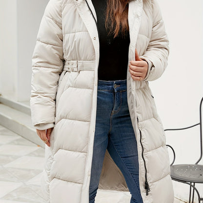 Elegant Winter Coat Elegant Women's Plus Size Winter Coat | Hooded Mid-Length Trench Coat with Belted Waist & Side Pockets, 100% Polyester, Black, Hand Wash Only for Autumn Winter Casual & Formal Outfits