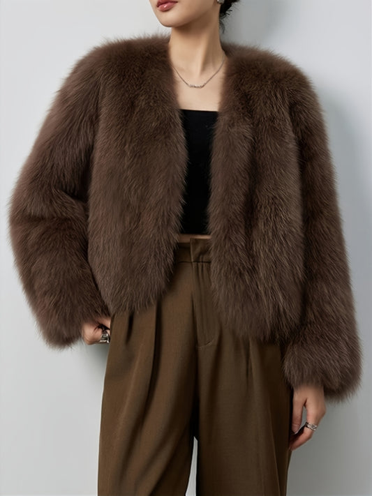 Elegant Long Sleeve Faux Fur Coat for Women - Solid Color, Fluffy Long Cardigan with Button Details, Perfect for Fall\u002FWinter, Stylish Brown Outerwear, Stylish Long Cardigan | Chic Outerwear | Plush Texture