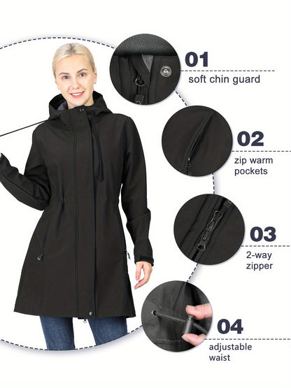 Women'S 33,000ft Windproof Softshell Long Jacket with Hood - Fleece Lined, Zippered Front,