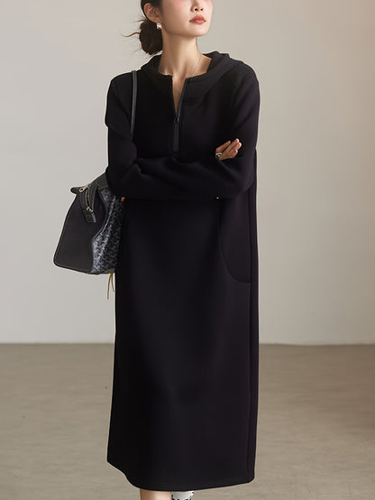 Plus Size, Casual Hooded Black Dress for Women - 2025 New Arrival Loose Fit Long Skirt European Style Plus Size Clothing