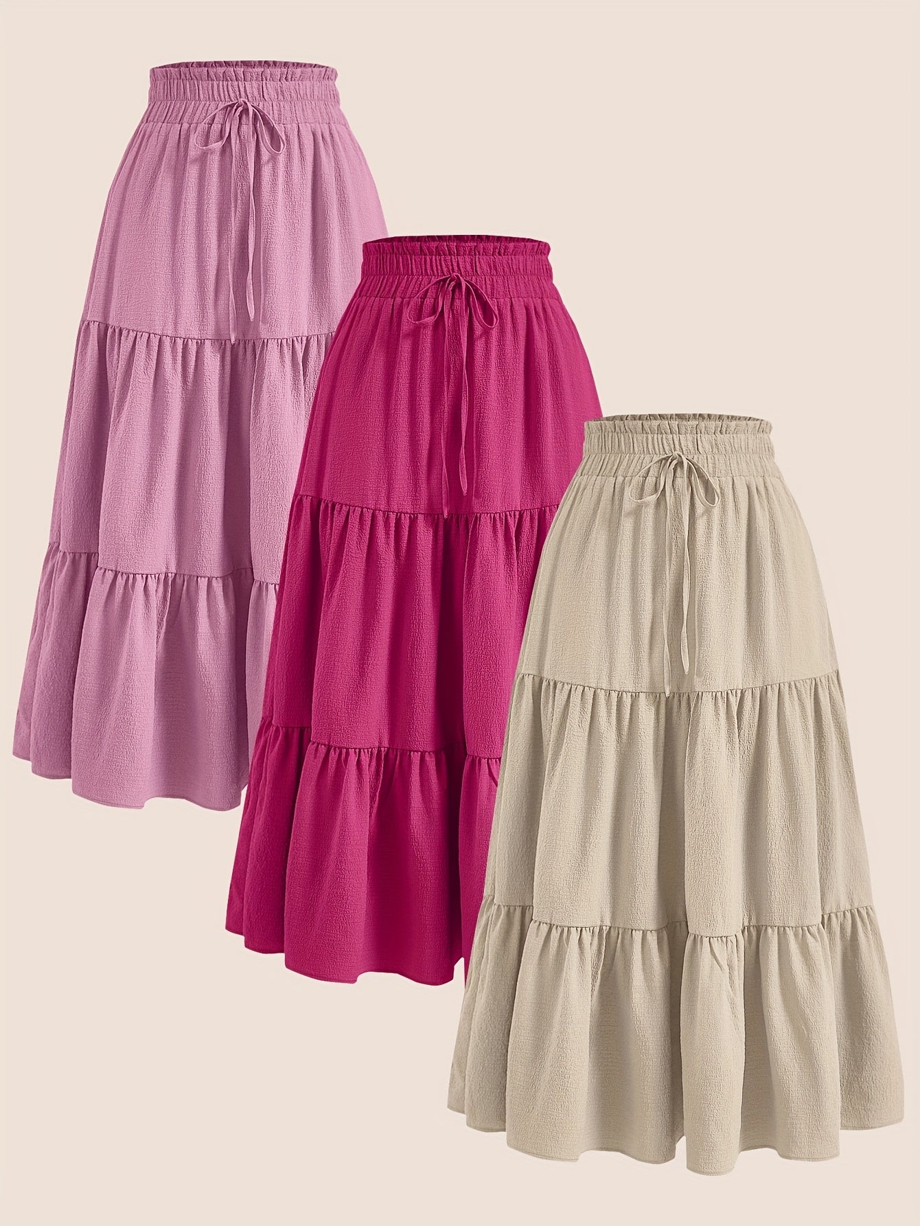 2025 3pcs Women'S Plus Size Pleated Skirts - Comfortable Loose Fit, Solid Color, Mid-Length with Ruffle Detail, Perfect for Spring\u002FSummer,