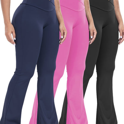 Stretchy 3-Pack High-Waisted Yoga Pants - Cross Waistband Flare Leg Sports Tights with Tummy Control and Butt Lifting