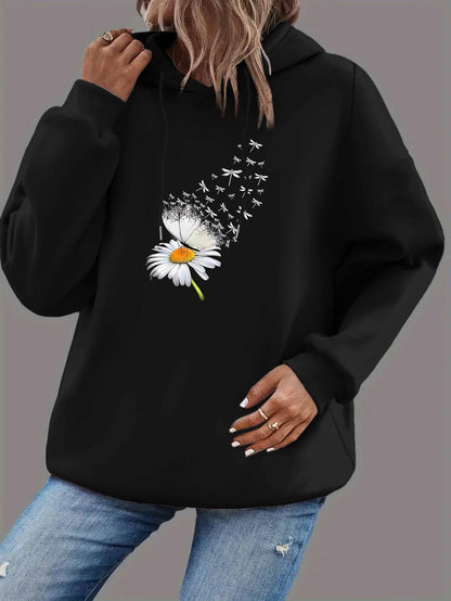 Women'S Casual Floral Print Hoodie, Polyester Knit Fabric, Long Sleeve, with Drawstring Hood, for Fall\u002FWinter