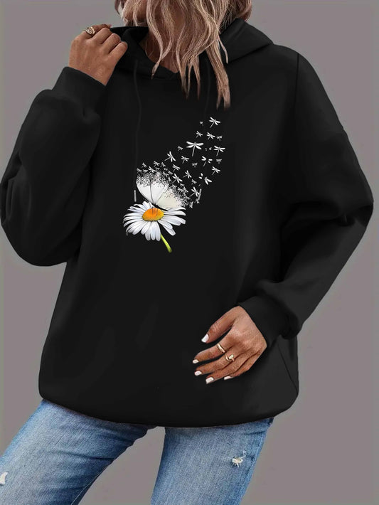 Women'S Casual Floral Print Hoodie, Polyester Knit Fabric, Long Sleeve, with Drawstring Hood, for Fall\u002FWinter