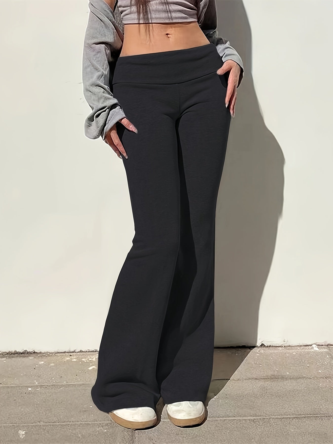 Low Waist Flare Leg Pants, Casual Solid Color Skinny Pants For Spring & Fall, Women's Clothing