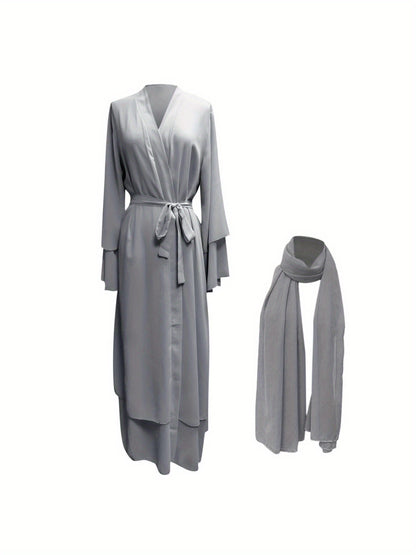 Women'S Elegant Muslim Caedigan Belt Outwear Shirt - Soft Chiffon Long Layered Cardigan with Open Front,
