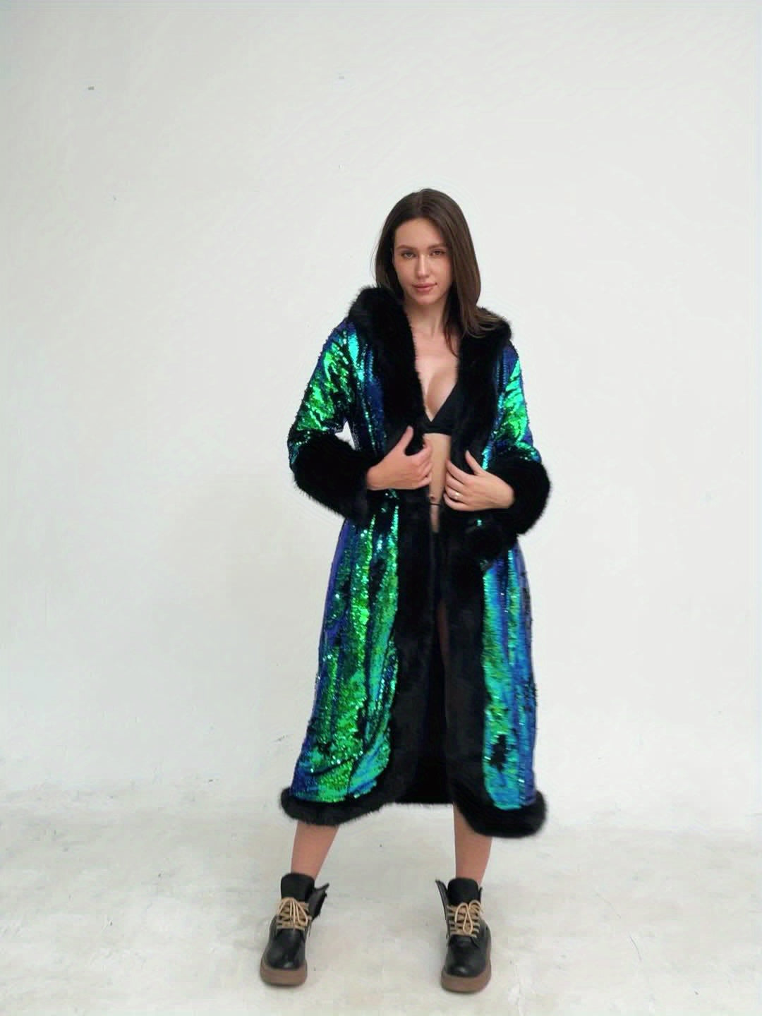 Elegant Sequin Hooded Coat Plus Size Elegant Gradient Green & Black Sequin Hooded Coat - Long Sleeve Winter Coat with Pockets, X-Line Silhouette for Autumn\u002FWinter