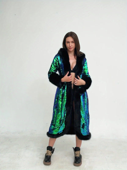 Elegant Sequin Hooded Coat Plus Size Elegant Gradient Green & Black Sequin Hooded Coat - Long Sleeve Winter Coat with Pockets, X-Line Silhouette for Autumn\u002FWinter
