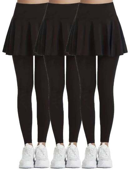 SHECAI 3pcs High-Waist Skort Leggings for Women - Slimming, Quick-Dry & Breathable Activewear with Pockets, Perfect for Yoga & Fitness