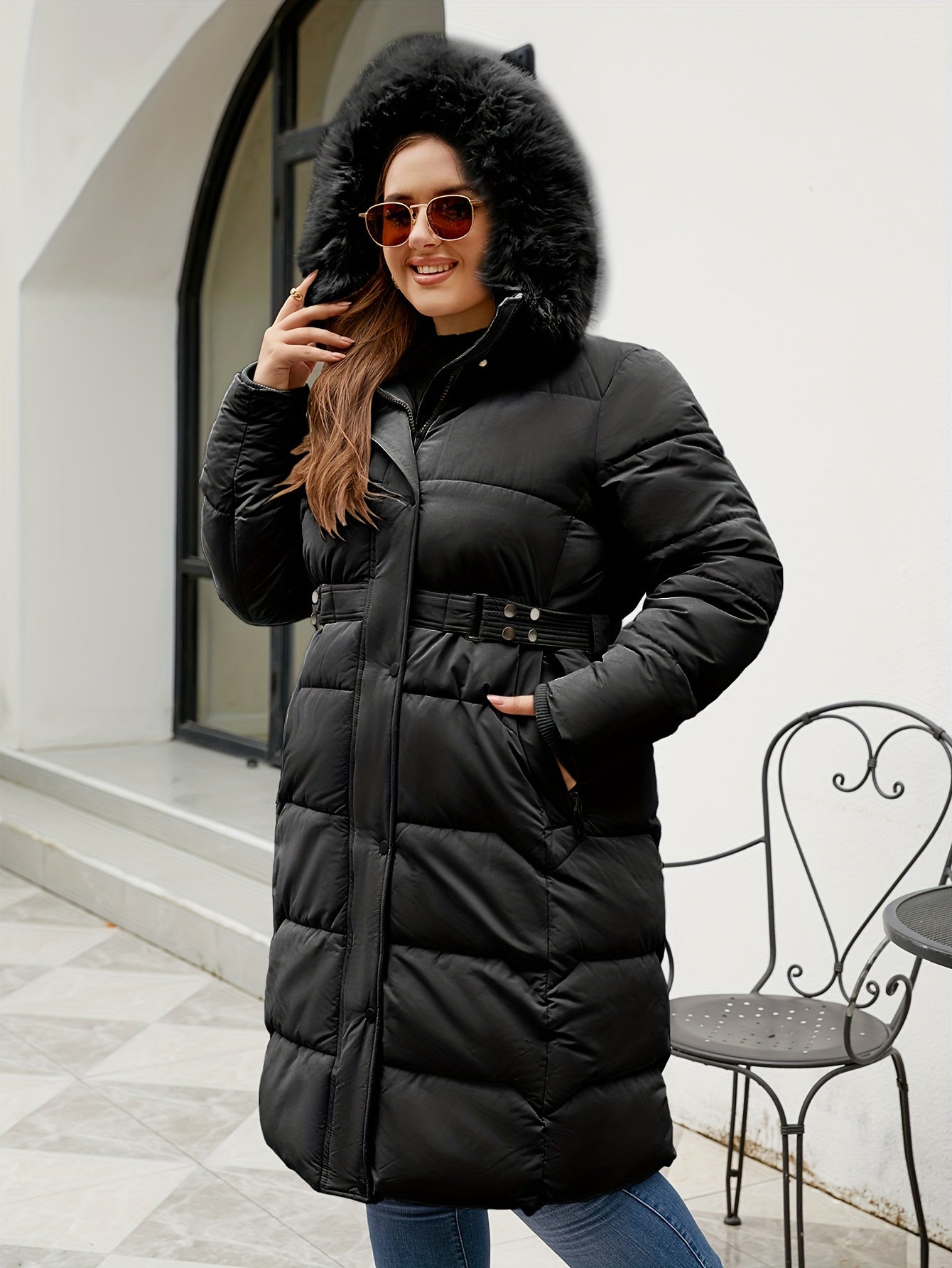 Elegant Winter Coat Elegant Women's Plus Size Winter Coat | Hooded Mid-Length Trench Coat with Belted Waist & Side Pockets, 100% Polyester, Black, Hand Wash Only for Autumn Winter Casual & Formal Outfits