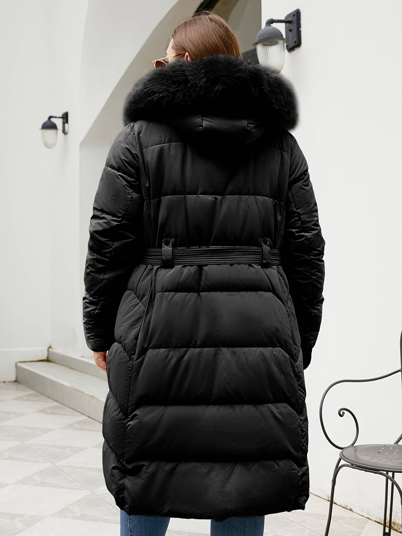 Elegant Winter Coat Elegant Women's Plus Size Winter Coat | Hooded Mid-Length Trench Coat with Belted Waist & Side Pockets, 100% Polyester, Black, Hand Wash Only for Autumn Winter Casual & Formal Outfits