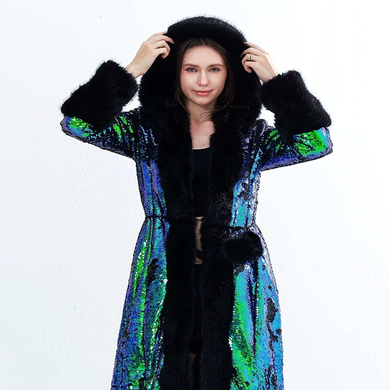 Elegant Sequin Hooded Coat Plus Size Elegant Gradient Green & Black Sequin Hooded Coat - Long Sleeve Winter Coat with Pockets, X-Line Silhouette for Autumn\u002FWinter