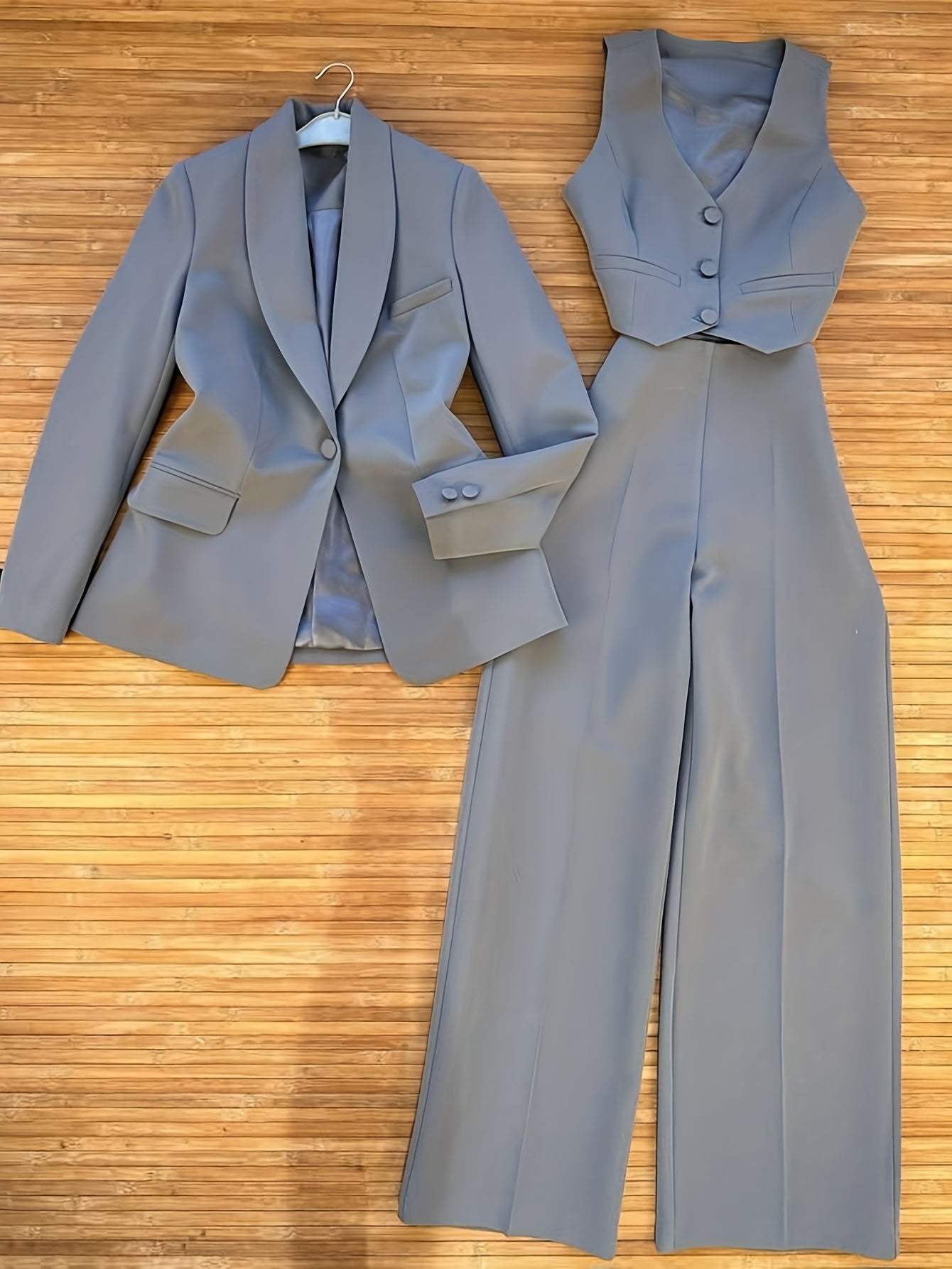 Solid Color Wealth-Attracting Fashion Urban Elegant Three-Piece Set: Lapel Pocket Suit Jacket and V-Neck Single-Breasted Vest with Casual Long Pants
