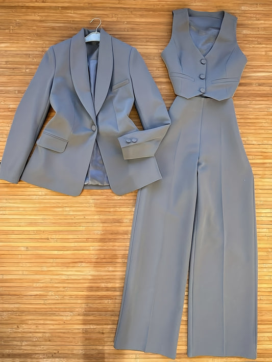 Solid Color Wealth-Attracting Fashion Urban Elegant Three-Piece Set: Lapel Pocket Suit Jacket and V-Neck Single-Breasted Vest with Casual Long Pants