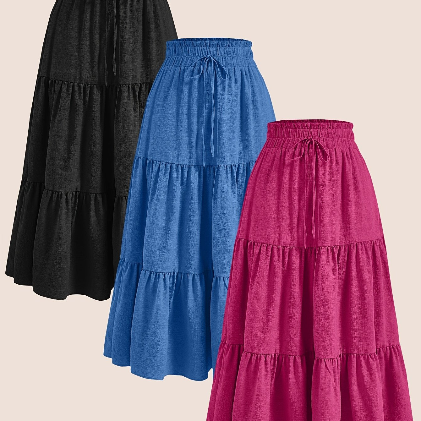 2025 3pcs Women'S Plus Size Pleated Skirts - Comfortable Loose Fit, Solid Color, Mid-Length with Ruffle Detail, Perfect for Spring\u002FSummer,