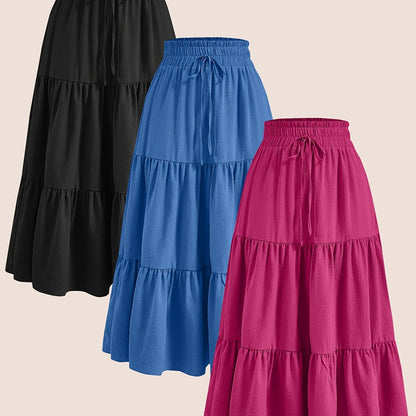2025 3pcs Women'S Plus Size Pleated Skirts - Comfortable Loose Fit, Solid Color, Mid-Length with Ruffle Detail, Perfect for Spring\u002FSummer,